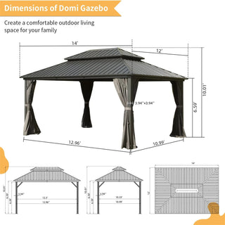Aetherdome 12x14 FT Aluminum Hardtop Gazebo with Double Roof, Curtains & Netting