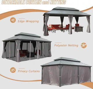 Aetherdome 12x20 FT Aluminum Hardtop Gazebo with Double Roof, Curtains & Netting