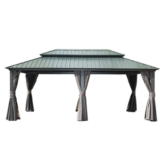 Aetherdome 12x20 FT Aluminum Hardtop Gazebo with Double Roof, Curtains & Netting