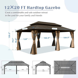 Aetherdome 12x20 FT Aluminum Hardtop Gazebo with Double Roof, Curtains & Netting