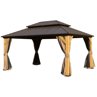 Aetherdome Cedar Wood Frame Gazebo with Steel Double Roof, Curtains & Net for Patio