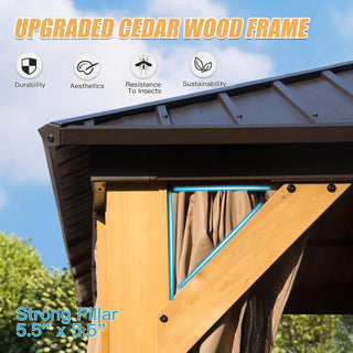 Aetherdome Cedar Wood Frame Gazebo with Steel Double Roof, Curtains & Net for Patio