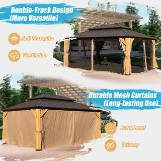 Aetherdome Cedar Wood Frame Gazebo with Steel Double Roof, Curtains & Net for Patio