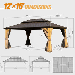 Aetherdome Cedar Wood Frame Gazebo with Steel Double Roof, Curtains & Net for Patio