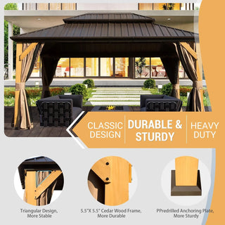 Aetherdome Cedar Wood Frame Gazebo with Steel Double Roof, Curtains & Net for Patio