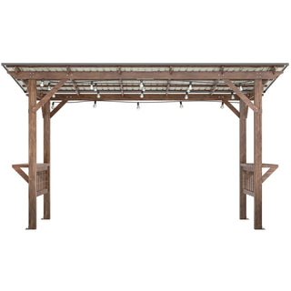 Wooden Pergola Grill with Metal Roof & Bulbs & Bar Counters 13' x 6.5'