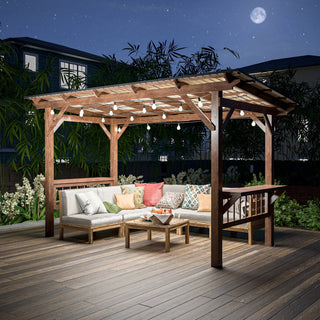 Wooden Pergola Grill with Metal Roof & Bulbs & Bar Counters 13' x 6.5'