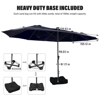 Rectangular Dual-Sided Patio Fiberglass Ribs Umbrella with LED Lights 15 FT