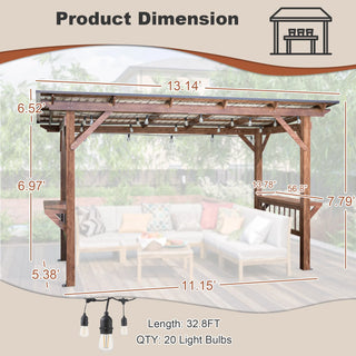 Wooden Pergola Grill with Metal Roof & Bulbs & Bar Counters 13' x 6.5'