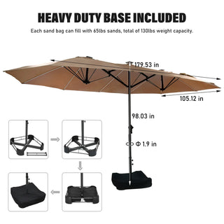 Rectangular Dual-Sided Patio Fiberglass Ribs Umbrella with LED Lights 15 FT