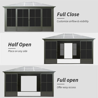 Solarium Aluminum Hardtop Gazebo with Galvanized Steel Roof, Movable PVC Screen Walls, Sliding Doors