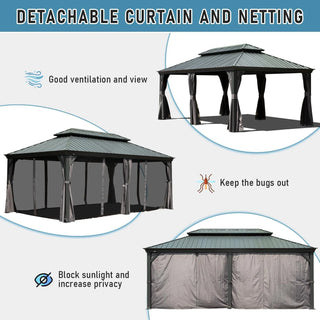 Aetherdome 14x22 FT Aluminum Hardtop Gazebo with Double Roof, Curtains & Netting