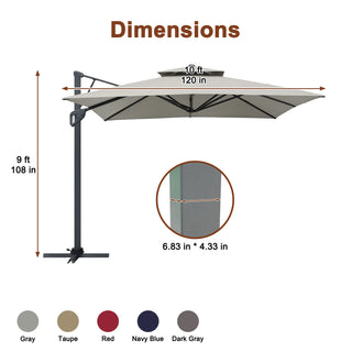Square Cantilever Patio Umbrella with LED Lights, Aluminum Frame Outdoor Umbrella