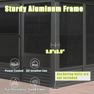 Solarium Aluminum Hardtop Gazebo with Galvanized Steel Roof, Movable PVC Screen Walls, Sliding Doors