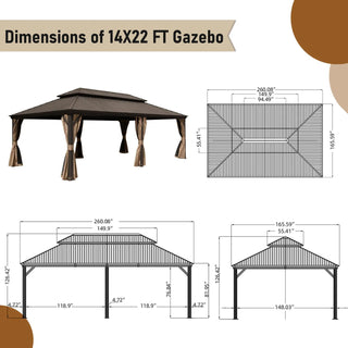 Aetherdome 14x22 FT Aluminum Hardtop Gazebo with Double Roof, Curtains & Netting