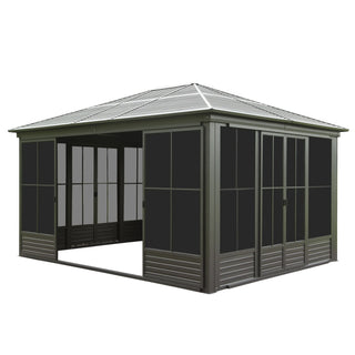 Solarium Aluminum Hardtop Gazebo with Galvanized Steel Roof, Movable PVC Screen Walls, Sliding Doors