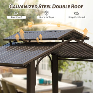Hardtop Grill Outdoor BBQ Gazebo with 2 Side Shelves and Sloping Galvanized Steel Roof, Metal Permanent Grill Canopy with Ceiling Hooks