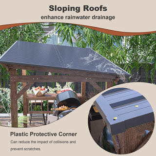 Wooden Pergola Grill with Metal Roof & Bulbs & Bar Counters 13' x 6.5'