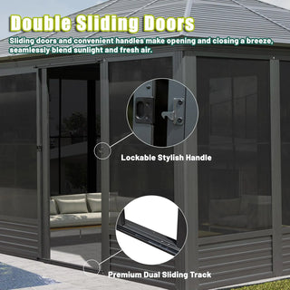 Solarium Aluminum Hardtop Gazebo with Galvanized Steel Roof, Movable PVC Screen Walls, Sliding Doors