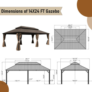 Aetherdome 14x24 FT Aluminum Hardtop Gazebo with Double Roof, Curtains & Netting