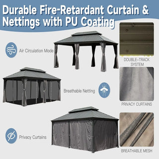 Aetherdome 14x20 FT Aluminum Hardtop Gazebo with Double Roof, Curtains & Netting