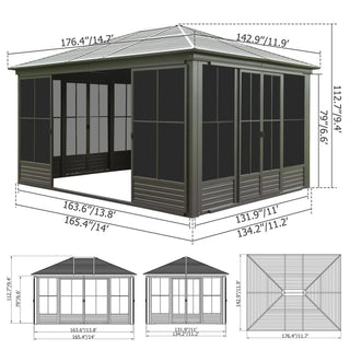 Solarium Aluminum Hardtop Gazebo with Galvanized Steel Roof, Movable PVC Screen Walls, Sliding Doors