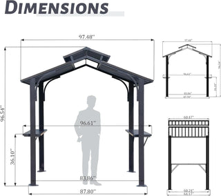 Hardtop Grill Outdoor BBQ Gazebo with 2 Side Shelves and Sloping Galvanized Steel Roof, Metal Permanent Grill Canopy with Ceiling Hooks
