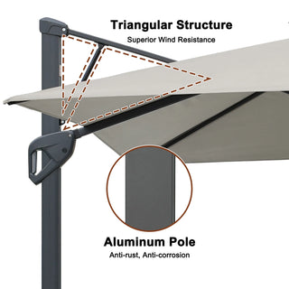 Square Cantilever Patio Umbrella with LED Lights, Aluminum Frame Outdoor Umbrella