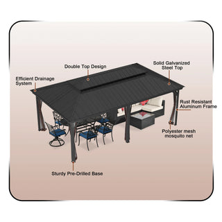 12x20 ft Double Roof Aluminum Gazebo with Netting – Hard Top Patio Shelter