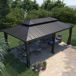12x20 ft Double Roof Aluminum Gazebo with Netting – Hard Top Patio Shelter
