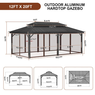 12x20 ft Double Roof Aluminum Gazebo with Netting – Hard Top Patio Shelter