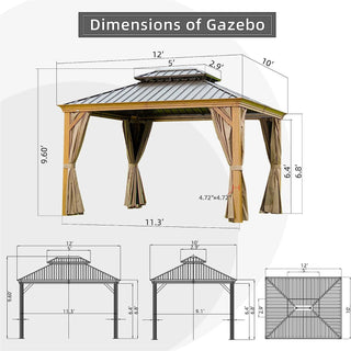 Aetherdome Wood-Look Aluminum Pavilion Hardtop Gazebo with Galvanized Steel Double Roof, Curtains & Netting