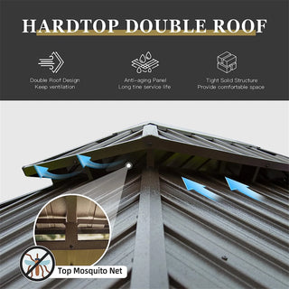 Aetherdome Wood-Look Aluminum Pavilion Hardtop Gazebo with Galvanized Steel Double Roof, Curtains & Netting