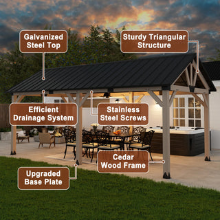 Cedarpinnacle Cedar Wood Gazebo with Steel Gable Hardtop for Patio & Backyard