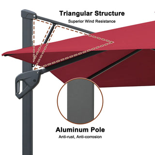 Square Cantilever Patio Umbrella with LED Lights, Aluminum Frame Outdoor Umbrella