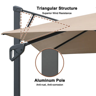Square Cantilever Patio Umbrella with LED Lights, Aluminum Frame Outdoor Umbrella
