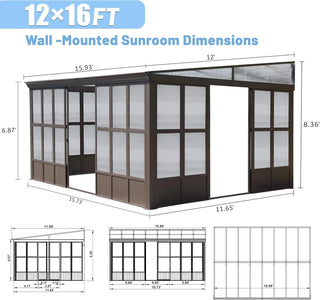 Aluminum Lean to Gazebo Sun Room with 2 Lockable Sliding Doors for Garden Patio Deck