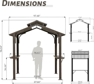 Hardtop Grill Outdoor BBQ Gazebo with 2 Side Shelves and Sloping Galvanized Steel Roof, Metal Permanent Grill Canopy with Ceiling Hooks