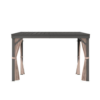 VineLull Outdoor Wall-Mounted Hardtop Pergora with Curtains and Netting