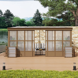 Wall Mounted Sunroom with Sloped Polycarbonate Roof & Sliding Doors