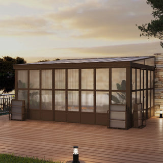 Wall Mounted Sunroom with Sloped Polycarbonate Roof & Sliding Doors