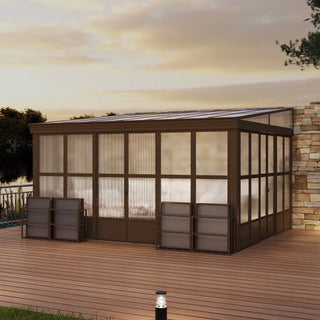 Wall Mounted Sunroom with Sloped Polycarbonate Roof & Sliding Doors