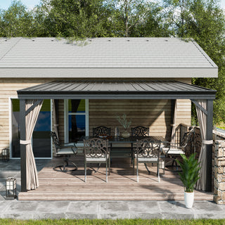 VineLull Outdoor Wall-Mounted Hardtop Pergora with Curtains and Netting