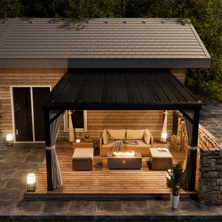 VineLull Outdoor Wall-Mounted Hardtop Pergora with Curtains and Netting