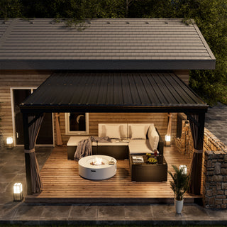 VineLull Outdoor Wall-Mounted Hardtop Pergora with Curtains and Netting