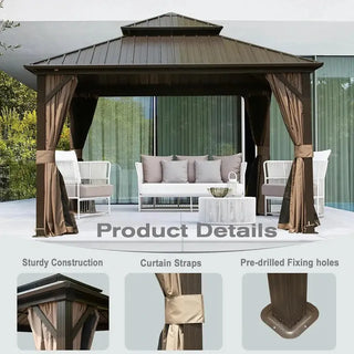 Aetherdome 10x10 FT Aluminum Hardtop Gazebo with Double Roof, Curtains & Netting