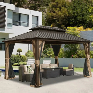 Aetherdome 10x12 FT Aluminum Hardtop Gazebo with Double Roof, Curtains & Netting