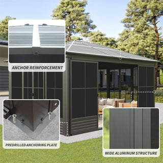 Solarium Aluminum Hardtop Gazebo with Galvanized Steel Roof, Movable PVC Screen Walls, Sliding Doors