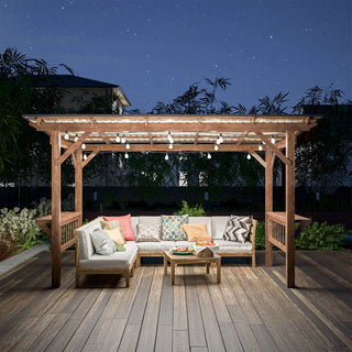 Wooden Pergola Grill with Metal Roof & Bulbs & Bar Counters 13' x 6.5'
