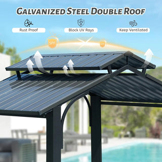 Hardtop Grill Outdoor BBQ Gazebo with 2 Side Shelves and Sloping Galvanized Steel Roof, Metal Permanent Grill Canopy with Ceiling Hooks